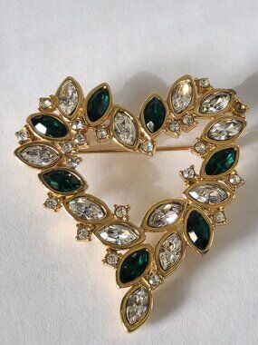 Vintage Monet Heart Brooch w/ Emerald & Clear Crystal Rhinestones
